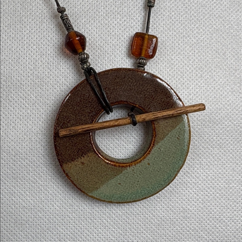 Handcrafted Pottery Brown and Blue Pendant Necklace - Picture 3 of 6
